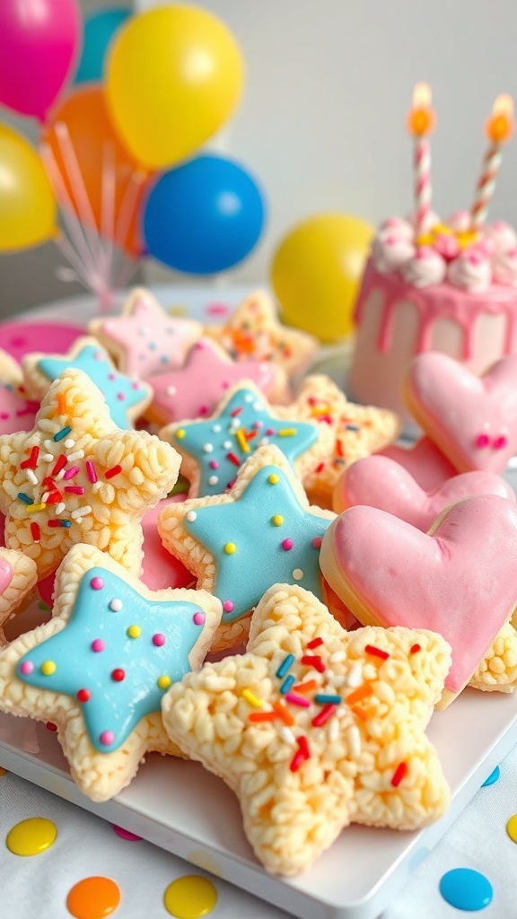 Colorful rice crispy treats shaped like stars and hearts with sprinkles on a festive birthday table.
